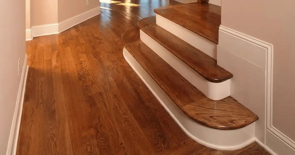 Base floor of a staircase with professionally restored wood flooring in Memphis TN